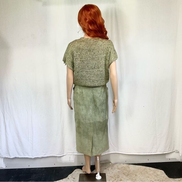 Bino Baraldi VTG 2-Pc Outfit Knit Leather Top + Leather Midi Skirt Green set S - Picture 4 of 17